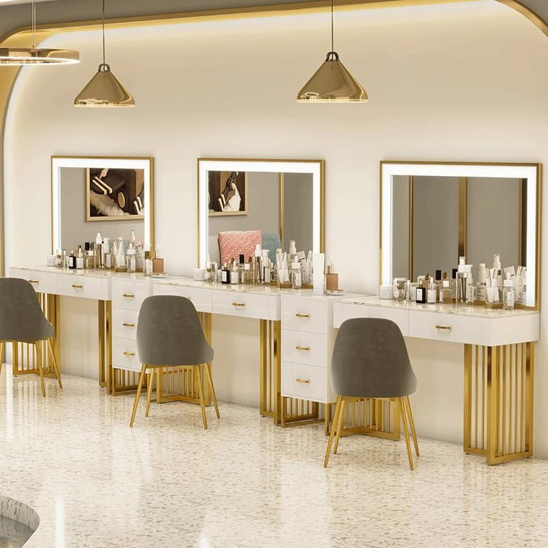 Beauty Makeup Shop - โต๊ะเครื่องแป้งสำหรับร้านค้ามืออาชีพ สไตล์หรูหราพร้อมโคมไฟ โต๊ะเครื่องแป้งหินอ่อนสำหรับร้านแต่งงาน ร้านเสริมสวย