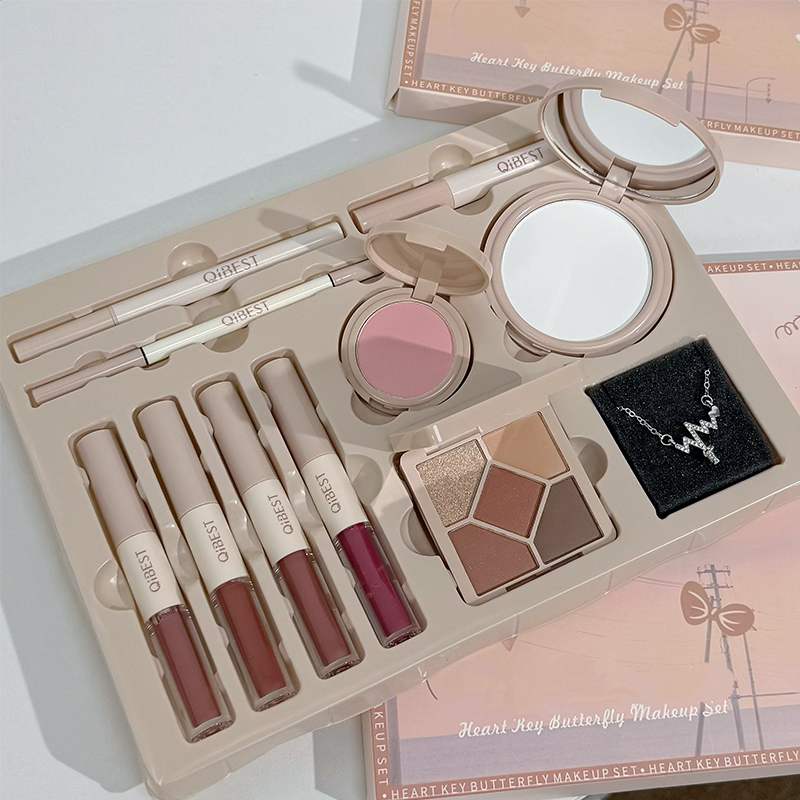 Beauty Book Makeup Kit - QIBEST ชุดเครื่องสำอางอเนกประสงค์ 4 สี ประกอบด้วยลิปกลอสแบบสองหัว, แป้งอัดแข็ง,