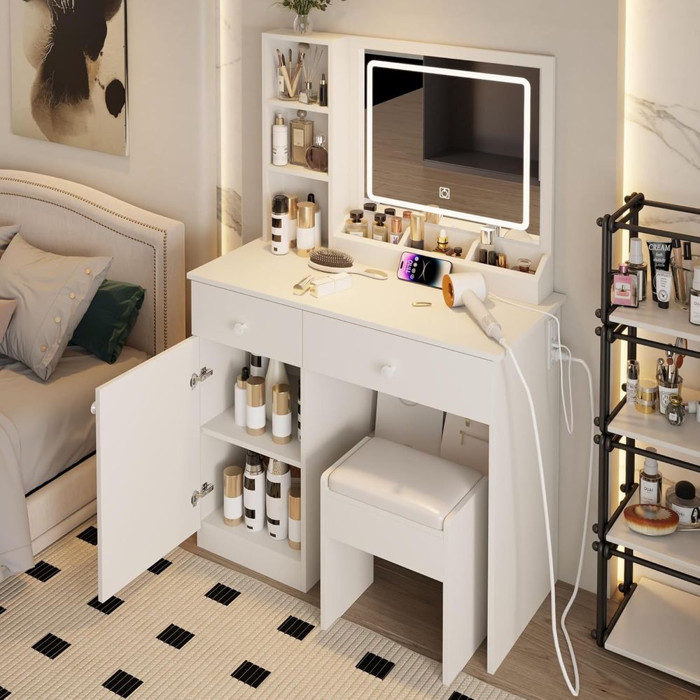 Beauty Makeup Vanity Set - ชุดโต๊ะเครื่องแป้งพร้อมกระจก, พื้นที่จัดเก็บขนาดใหญ่, ปลั๊กไฟ, ม้านั่งแต่งหน้าพร้อมเก้าอี้บุนวม 2 ที่นั่ง