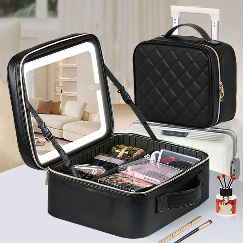 Beauty Zone Makeup - กระเป๋าแต่งหน้าแบบมีไฟ LED ขนาดใหญ่ พร้อมกระจกในตัว แบ่งโซนสำหรับเครื่องสำอางและอุปกรณ์ทำเล็บ มี