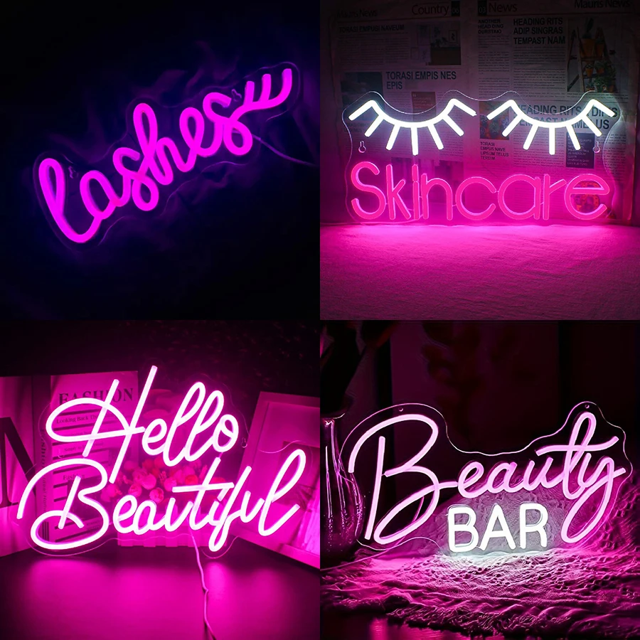 Beauty Makeup Bar - ป้ายนีออนขนตาแสงสีชมพูเรืองแสง LED ป้าย USB ขับเคลื่อนสําหรับ Lash