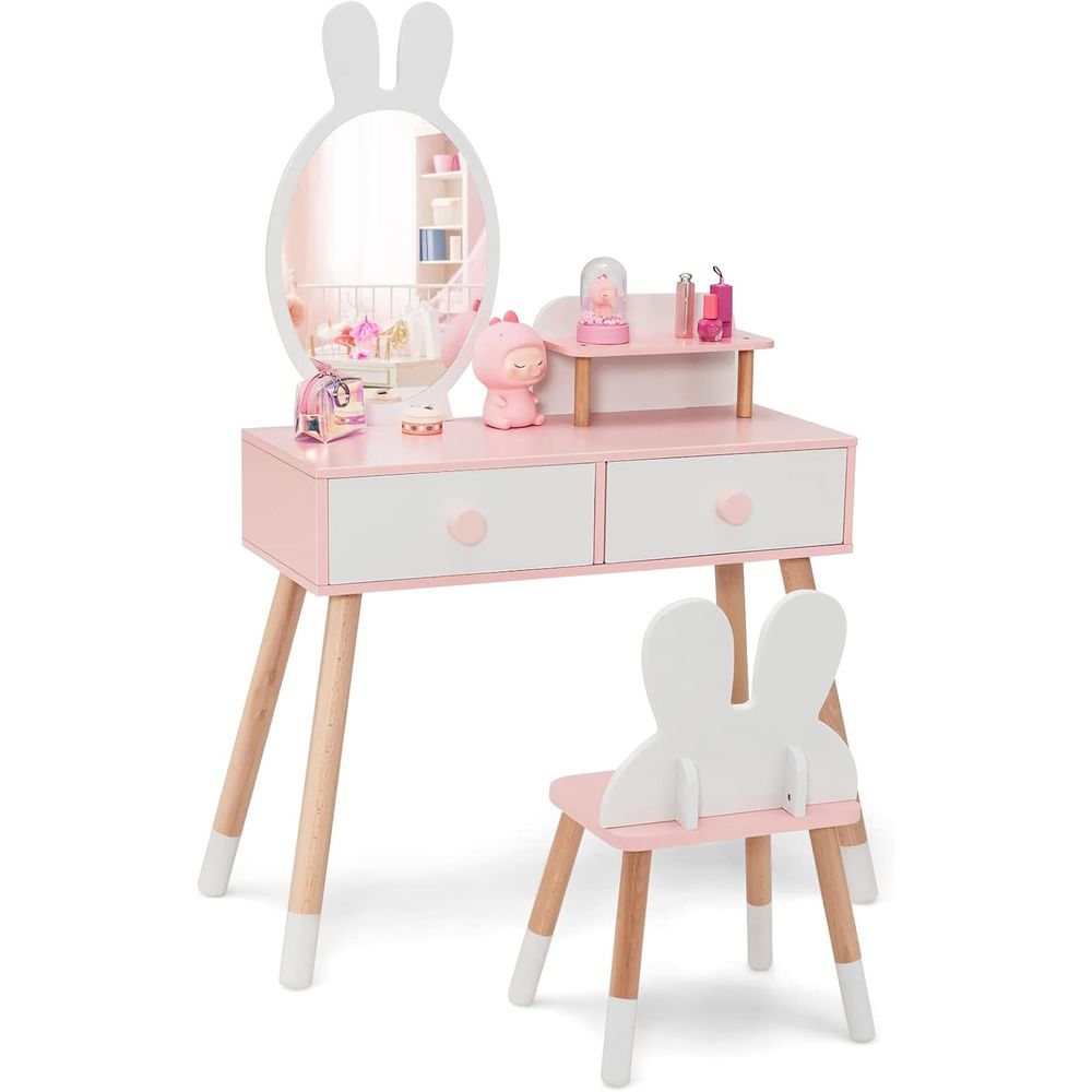Beauty Makeup Vanity Set - โต๊ะเครื่องแป้งเด็ก EY Kids ลายกระต่าย พร้อมเก้าอี้ไม้สำหรับเด็กเล็ก พร้อมลิ้นชักขนาดใหญ่