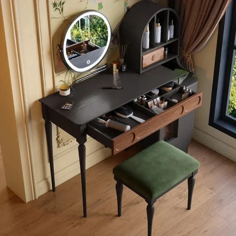 Beauty Makeup Vanity Set - โต๊ะเครื่องแป้งสีดำพร้อมลิ้นชัก เก้าอี้สตูลขนาดใหญ่ ชุดอุปกรณ์แต่งหน้าครบชุด ตู้เก็บของหรูหรา ทันสมัย เฟอร์นิเจอร์ตกแต่งห้องแต่งตัวสุดอินเทรนด์