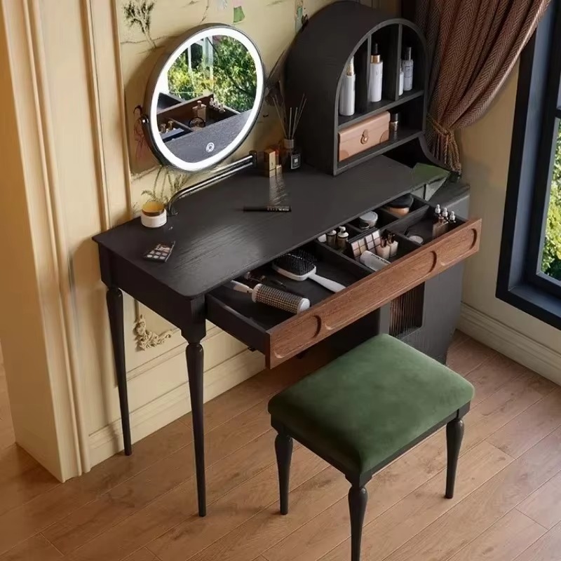 Beauty Makeup Vanity Set - โต๊ะเครื่องแป้งสีดำสไตล์อิตาลีพร้อมลิ้นชักและเก้าอี้ ชุดใหญ่ครบเซ็ต ตู้เก็บเครื่องสำอางสุดหรู ทันสมัย เฟอร์นิเจอร์ตกแต่งบ้าน